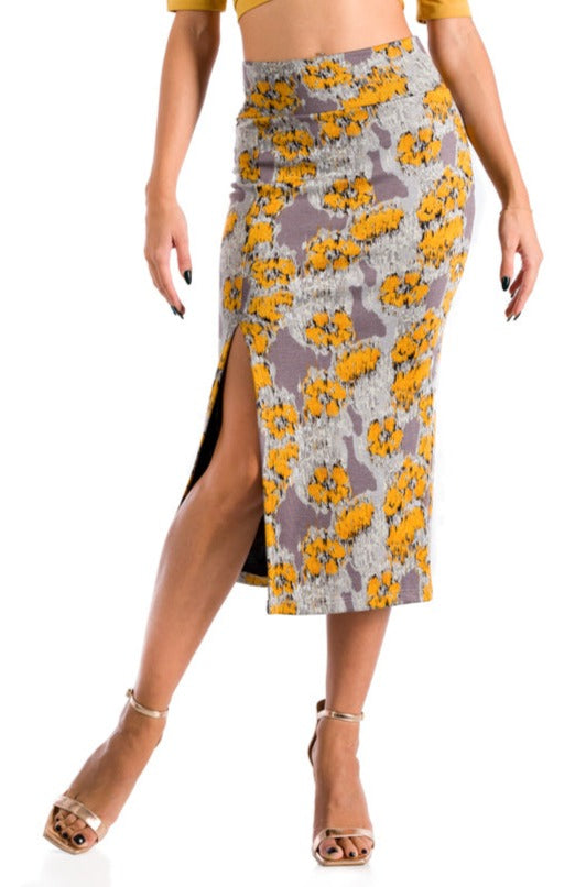 Grey Midi Yellow Printed Pencil Skirt With Slit