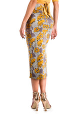 Load image into Gallery viewer, Grey Midi Yellow Printed Pencil Skirt With Slit
