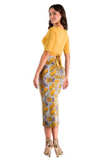 Load image into Gallery viewer, Grey Midi Yellow Printed Pencil Skirt With Slit
