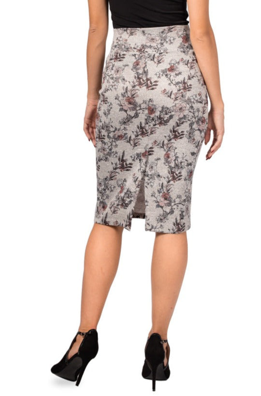 Grey Pencil Skirt With Floral Print
