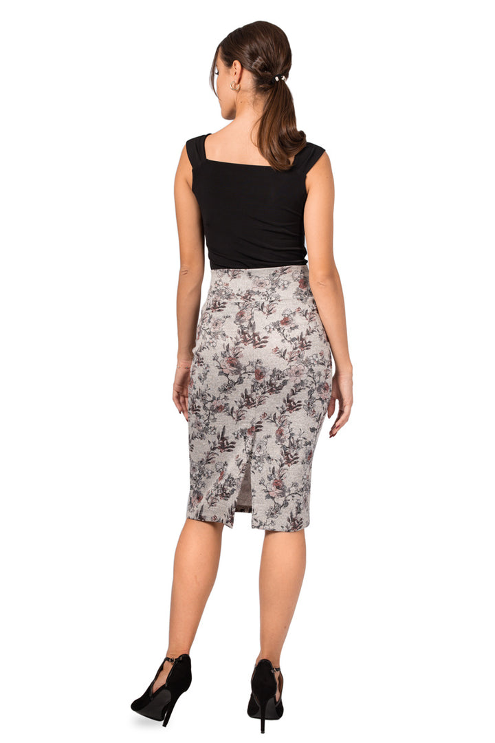 Grey Pencil Skirt With Floral Print
