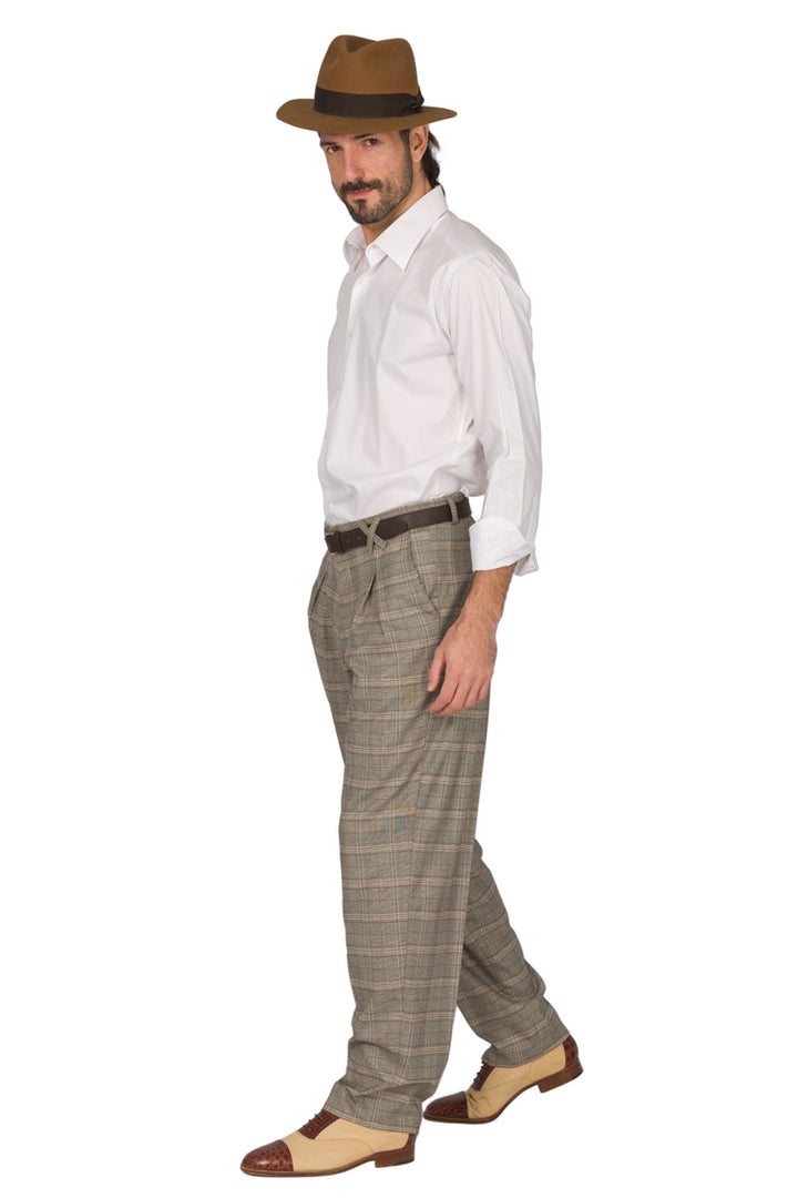 Grey Plaid Tango Pants With Front And Back Pleat