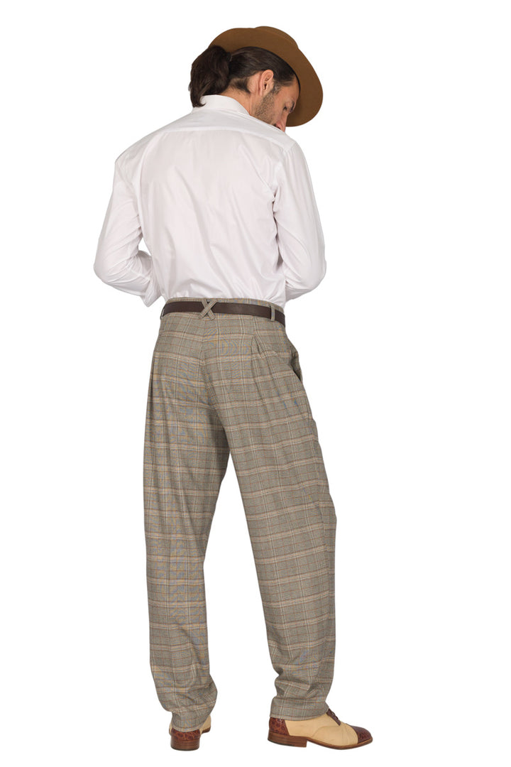Grey Plaid Tango Pants With Front And Back Pleat