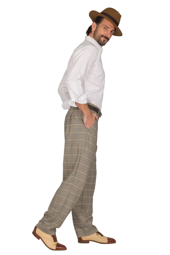 Grey Plaid Tango Pants With Front And Back Pleat