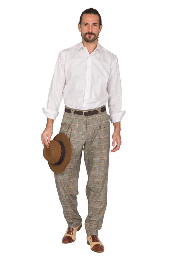 Grey Plaid Tango Pants With Front And Back Pleat