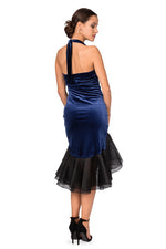 Load image into Gallery viewer, Halter-Neck Tie Velvet Dress With Black Organza Ruffles