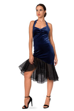 Load image into Gallery viewer, Halter-Neck Tie Velvet Dress With Black Organza Ruffles