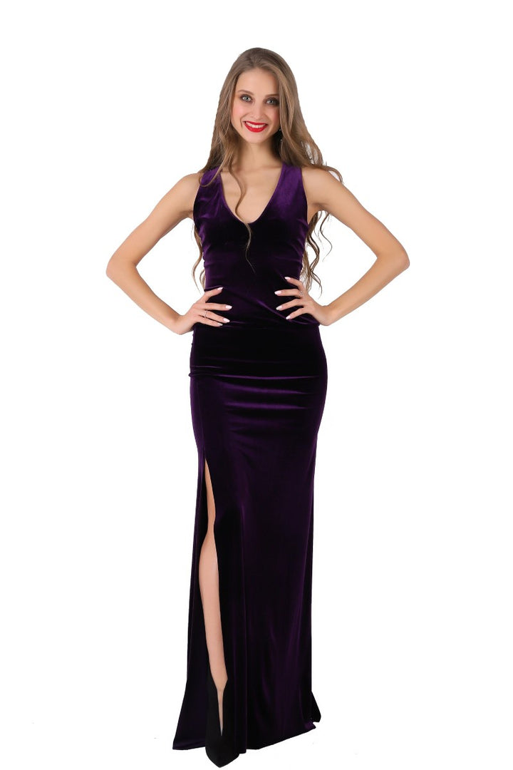 Purple Velvet Maxi Dress with Lace Back conDiva Purple Velvet Maxi Dress with Lace Back conDiva