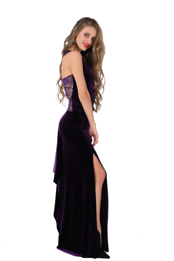 Purple Velvet Maxi Dress with Lace Back – conDiva Purple Velvet Maxi Dress with Lace Back – conDiva