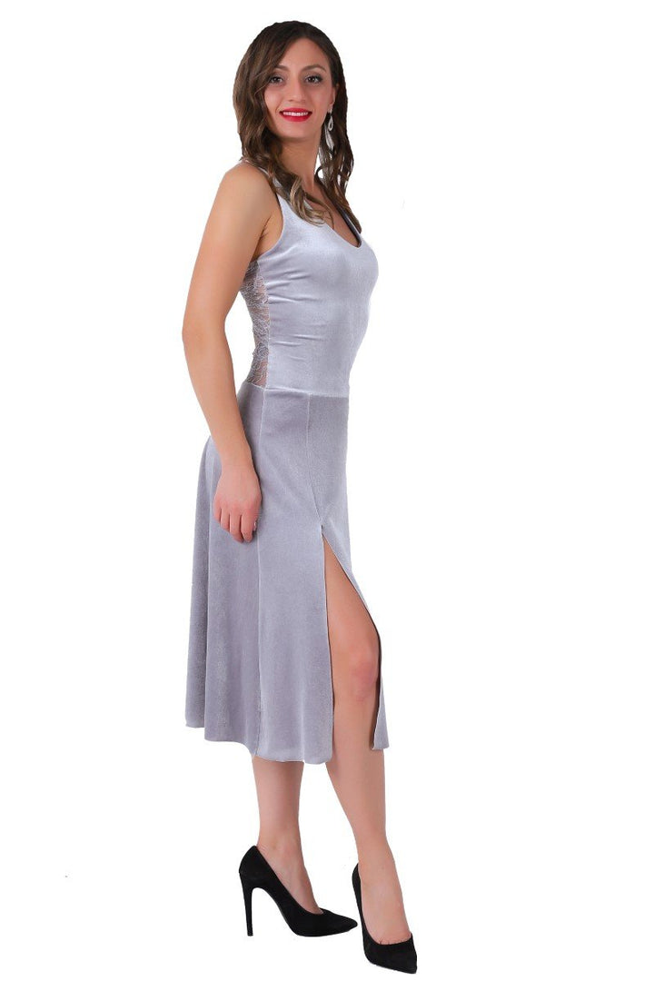 Silver Velvet Tango Dress With Lace Back
