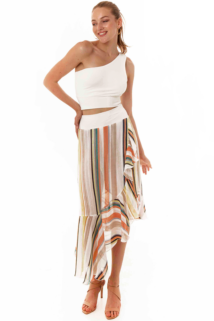 Asymmetric Striped Tango Wrap Skirt With Ruffles (XS)