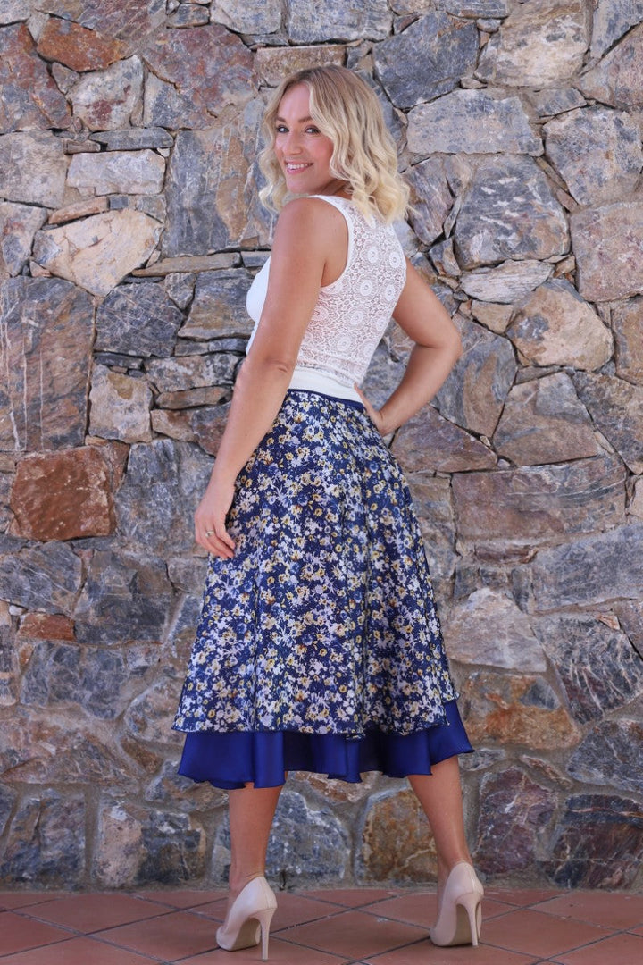 Dark Blue Airy Floral Skirt With Asymmetric Design