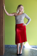 Load image into Gallery viewer, Red velvet tango skirt with gatherings and slits