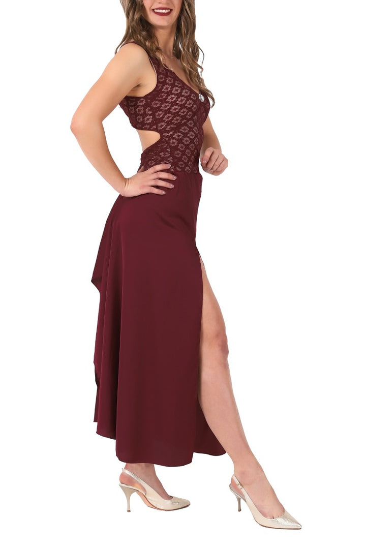 Burgundy Satin and Lace Tango Performance Dress
