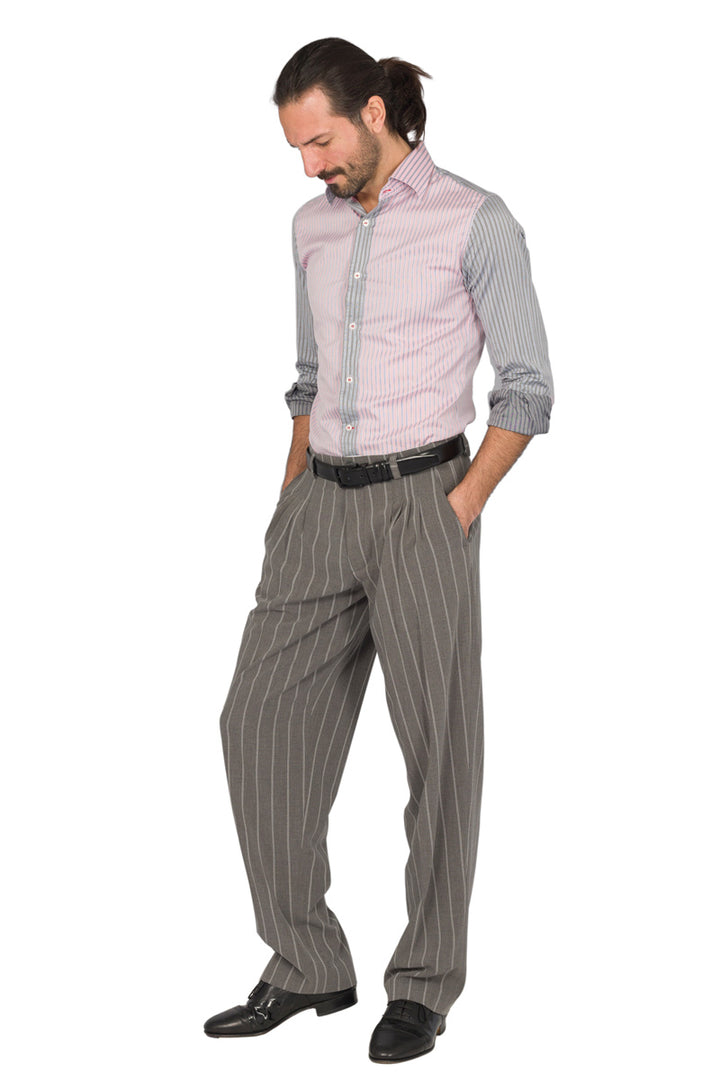 Light Grey Striped Tango Pants With Four Pleats