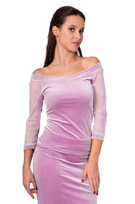 Lilac Velvet Boat Neckline Top With Tulle Sleeves