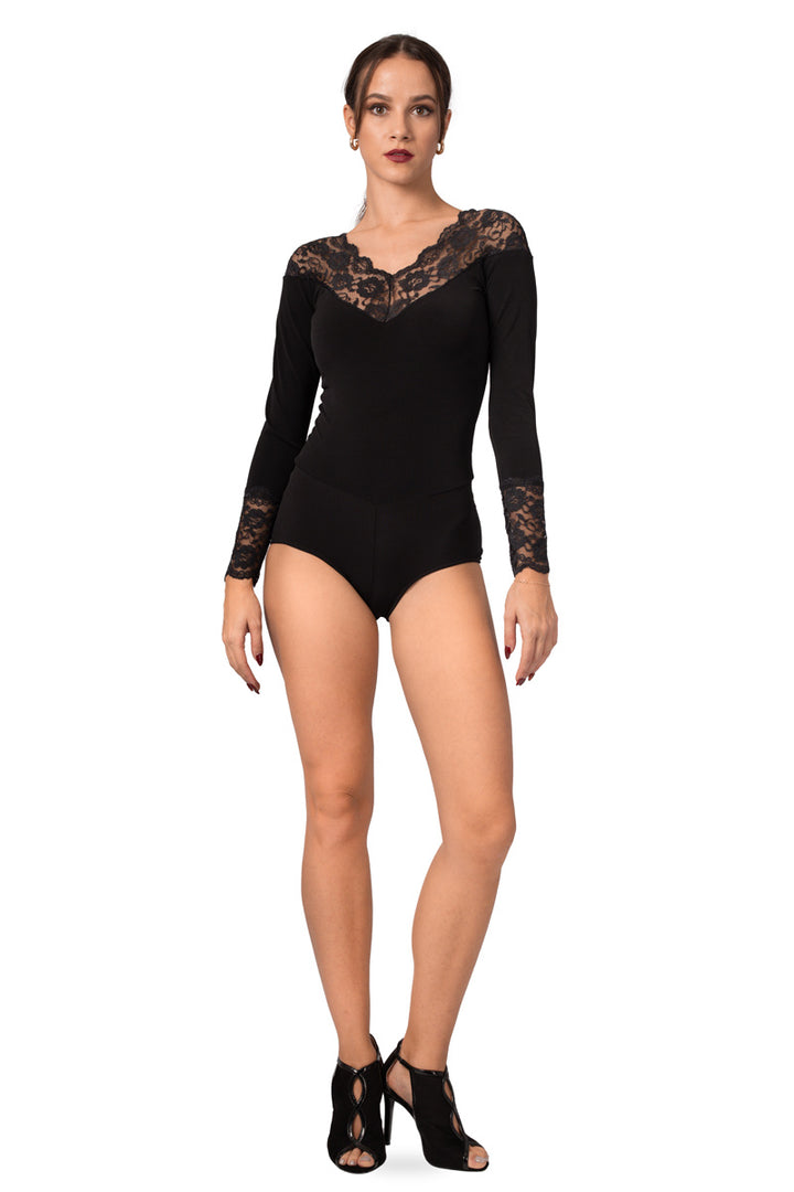 Long Sleeve Bodysuit With Lace Décolletage