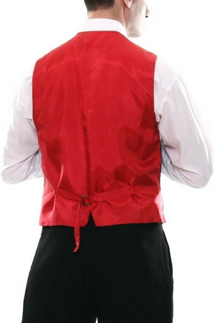 Men's black tango vest with regular white stripes & red back