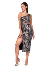 Load image into Gallery viewer, Metallic One-Shoulder Midi Dress With Abstract Print