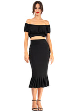 Load image into Gallery viewer, Monochrome Mexican Style Ruffled Off-The-Shoulder Crop Top