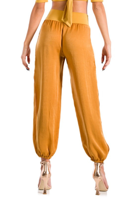 Mustard Yellow Satin Gathered Pants