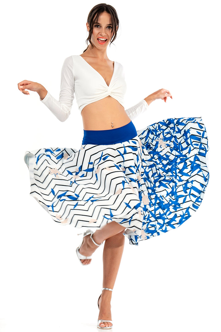 Off-White Midi Full Swing Skirt With Trigonal Lines & Floral Print
