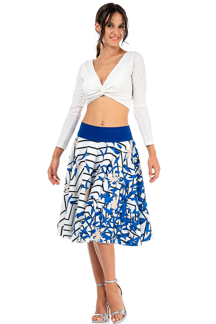 Off-White Midi Full Swing Skirt With Trigonal Lines & Floral Print