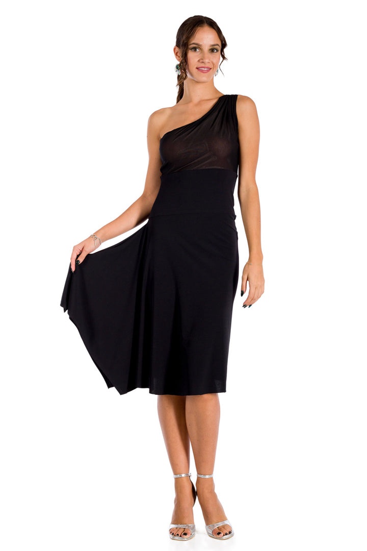 One-Shoulder Dress With Side Draping And Black Tulle Top