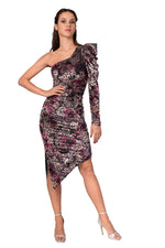 Load image into Gallery viewer, One-Sleeve Pink Velvet Printed Dress With Side Gatherings