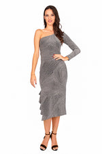 Load image into Gallery viewer, One-Sleeved Silver Midi Dress With Side Ruffles