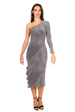 Load image into Gallery viewer, One-Sleeved Silver Midi Dress With Side Ruffles