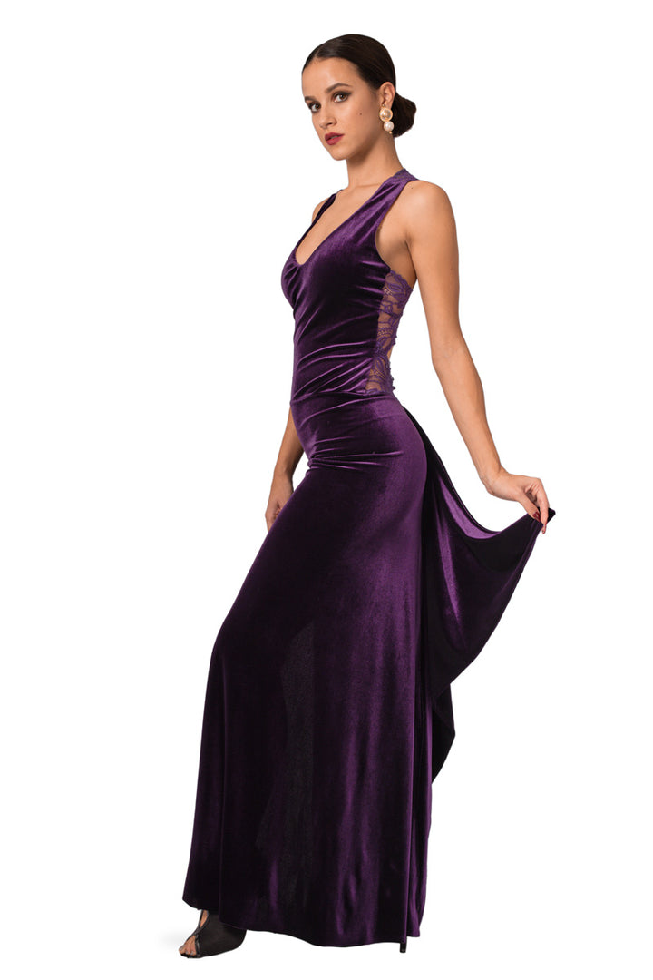 Purple Velvet Maxi Dress with Lace Back conDiva Purple Velvet Maxi Dress with Lace Back conDiva