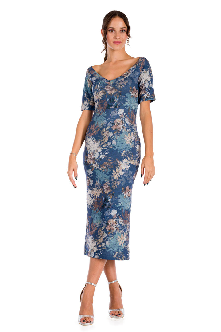 Short Sleeve Blue Floral Printed Bodycon V-neck Dress