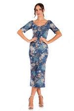 Load image into Gallery viewer, Short Sleeve Blue Floral Printed Bodycon V-neck Dress