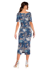 Load image into Gallery viewer, Short Sleeve Blue Floral Printed Bodycon V-neck Dress