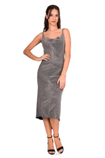 Load image into Gallery viewer, Silver Midi Fishtail Dress With With Draped Neck