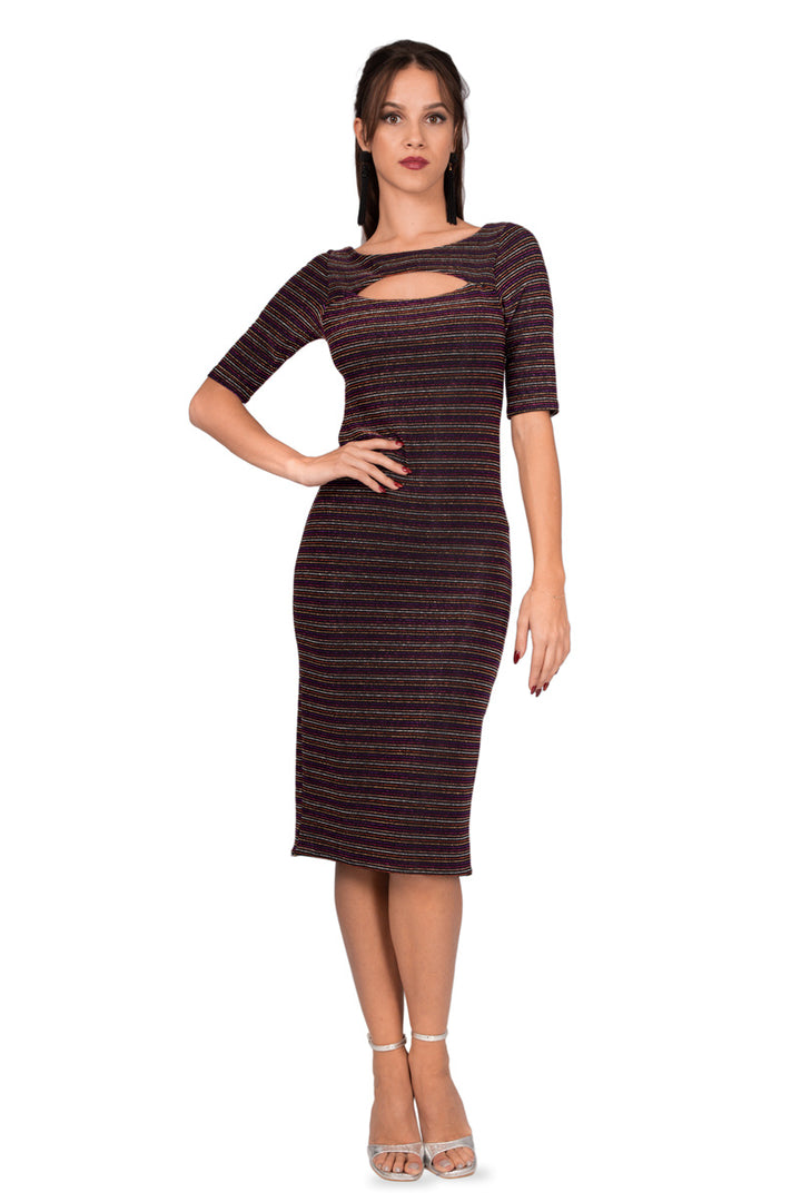 Sparkling Striped Short-Sleeved Fishtail Dress With Front Cutout