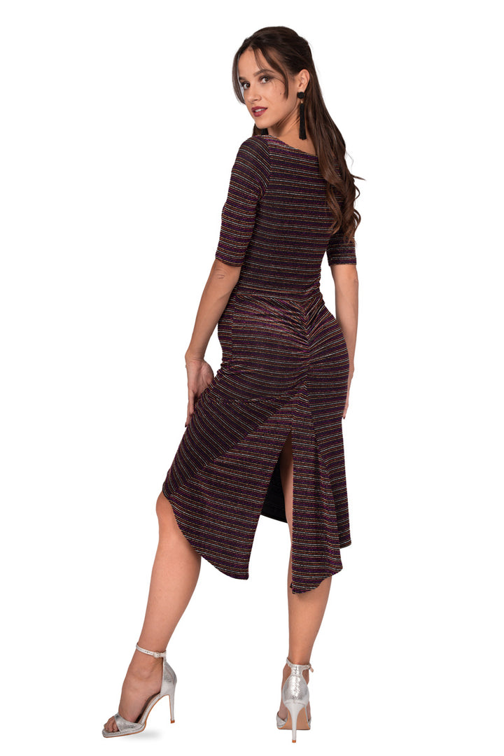 Sparkling Striped Short-Sleeved Fishtail Dress With Front Cutout