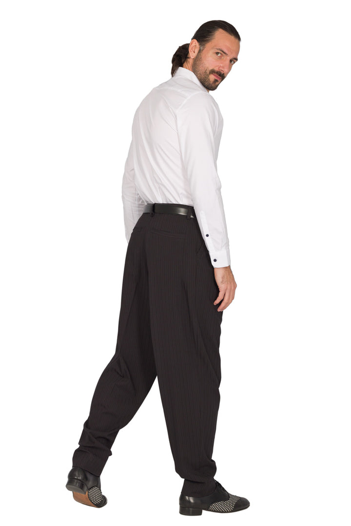 Tapered Black Thin Striped Tango Pants With Two Inverted Pleats 