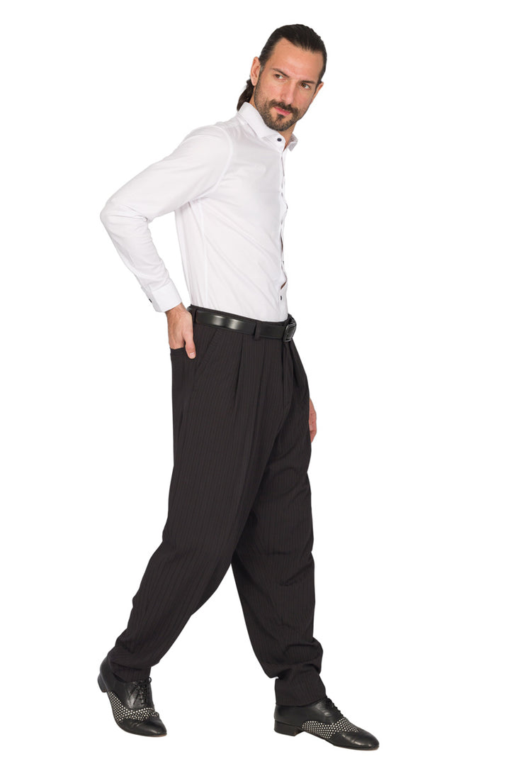 Tapered Black Thin Striped Tango Pants With Two Inverted Pleats 