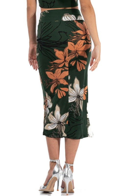 Tropical Print Bodycon Midi Skirt With Slit