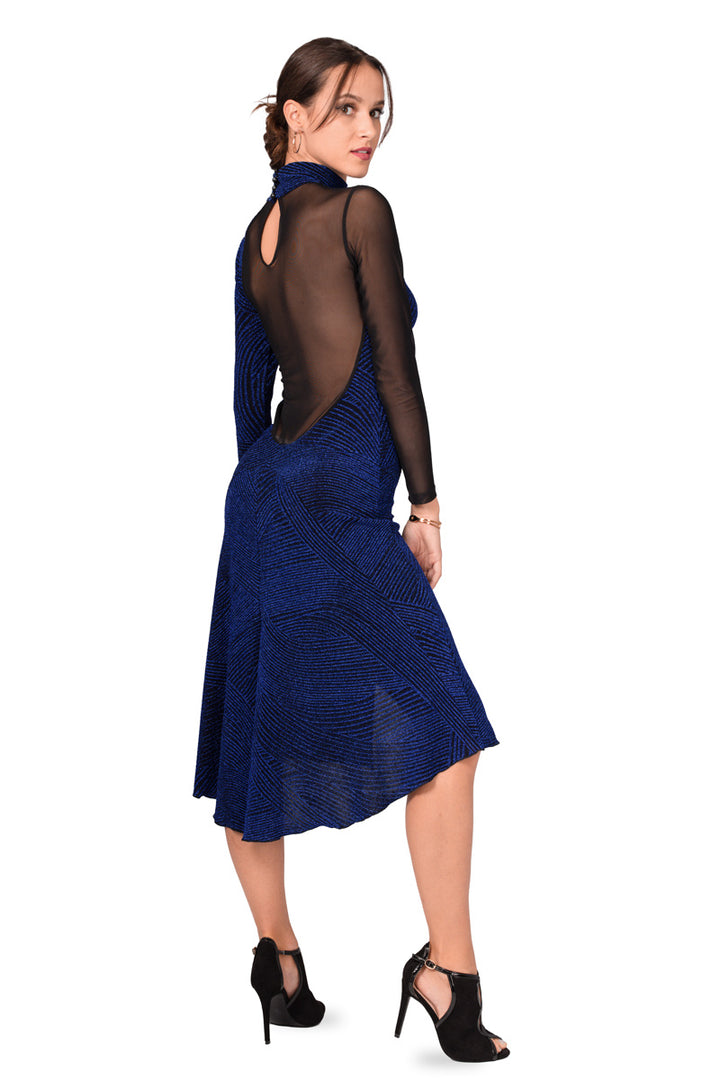 Turtle Neck Long-Sleeved Shiny Blue Dress With Tulle Back
