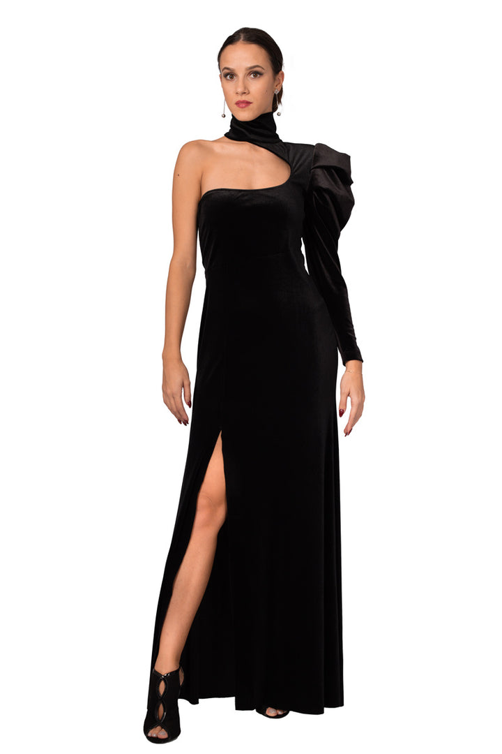 Turtle Neck One-Sleeve Velvet Evening Dress | Velvet Gowns by conDiva Turtle Neck One-Sleeve Velvet Evening Dress | Velvet Gowns by conDiva