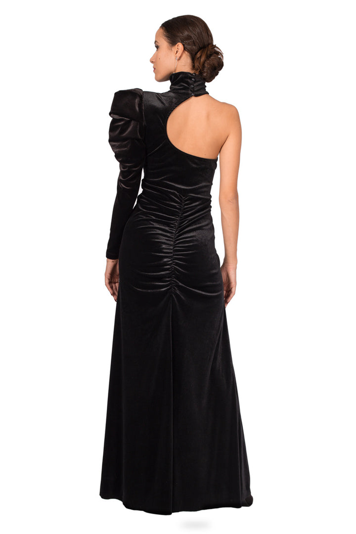 Turtle Neck One-Sleeve Velvet Evening Dress | Velvet Gowns by conDiva Turtle Neck One-Sleeve Velvet Evening Dress | Velvet Gowns by conDiva