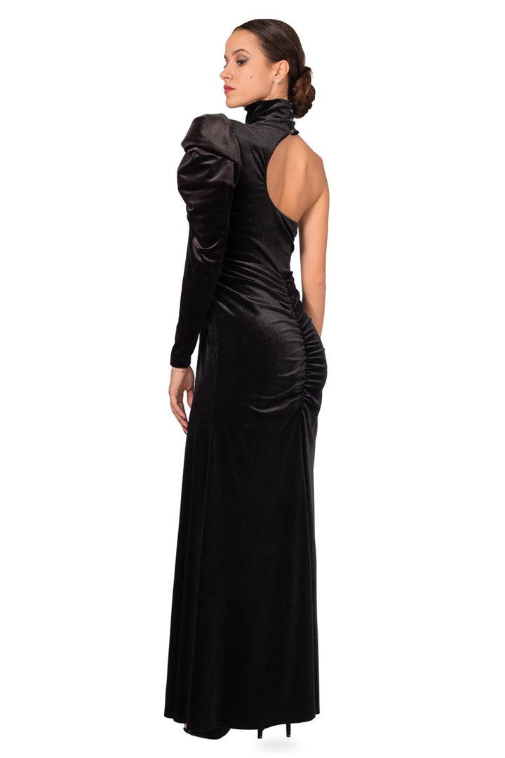 Turtle Neck One-Sleeve Velvet Evening Dress | Velvet Gowns by conDiva Turtle Neck One-Sleeve Velvet Evening Dress | Velvet Gowns by conDiva
