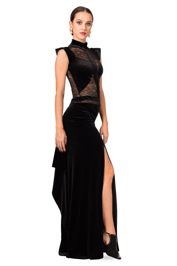 Velvet Floor-length Gown With Lace Top