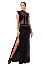 Load image into Gallery viewer, Velvet Floor-length Gown With Lace Top