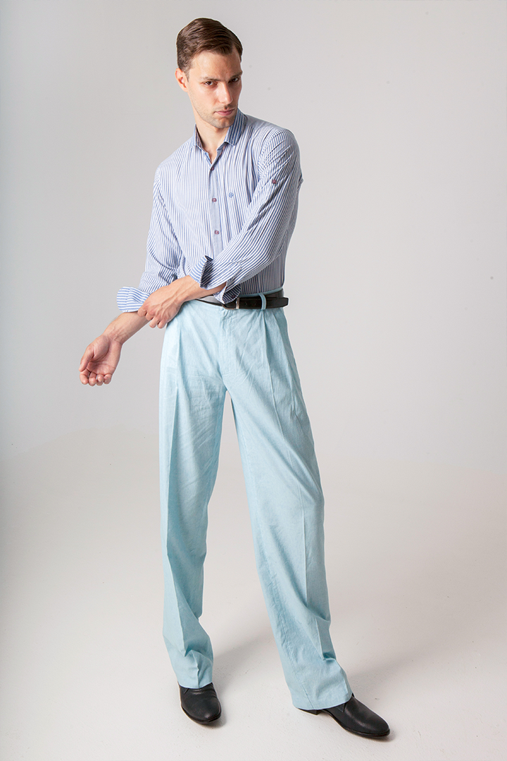 Light Blue Cotton Tango Pants With 2 Pleats
