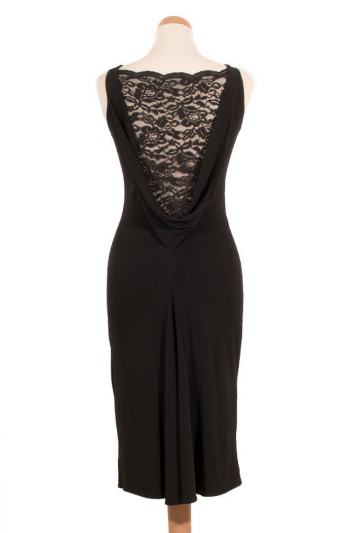 Elegant Tango Dress with Draped Lace Back - Black