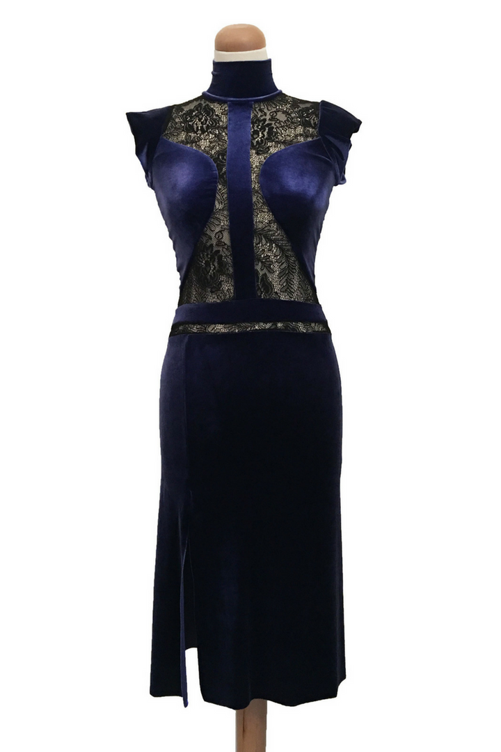 Electric Blue Velvet Tango Dress with Lace Details